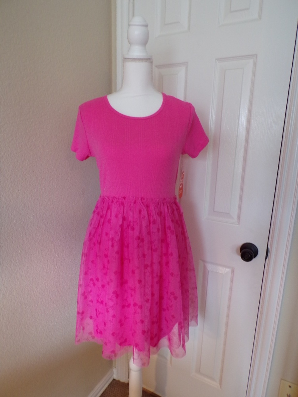 Wonder Nation Girls Ribbed Tulle Dress Size XXL (18) Hot Pink Cherry Print NWT